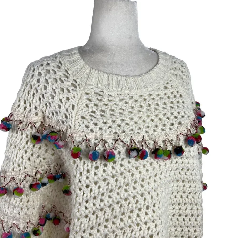 Zara Knit Chunky Pom Pom Oversized Jumper Sweater Size Small Cream